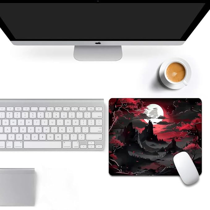Red Trees, Mountains, and Moon Square Mouse pad, Texture, Waterproof, Anti Slip Rubber Base, Computer Mouse pad, Laptop Mouse pad