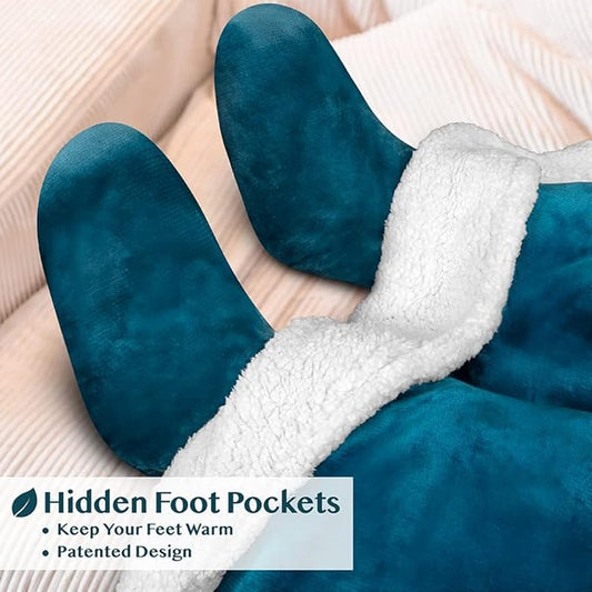 PAVILIA Sherpa Blanket with Sleeves, Foot Pocket for Women Men Adults, Thick Wearable Blanket Throw Wrap, Fleece Warm Snuggle Blanket Robe, Cozy Gift Ideas Wife Mom, Teal Blue
