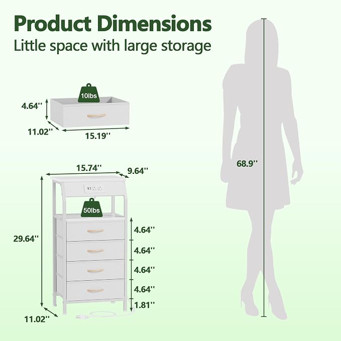 White Nightstand with Charging Station, 4 Drawers Bedside Table | 33.3 Inch - Image 3