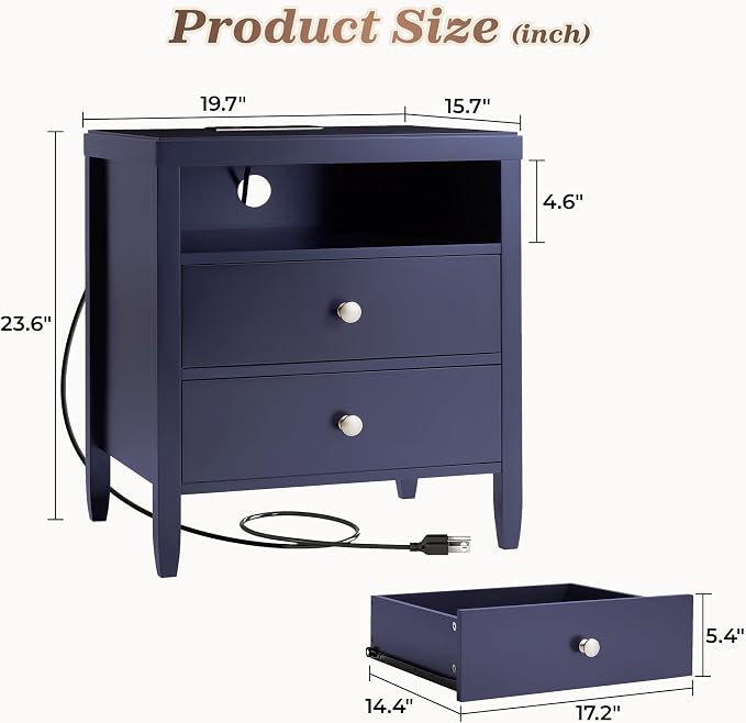 Huuger Nightstand with Charging Station, Bedside Table with Storage, Modern - Image 2
