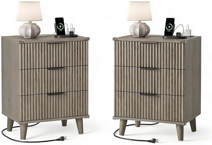 Wood Nightstands Set of 2 w/Charging Station, 3 Drawers Fluted Dresser | Dark by Lulive