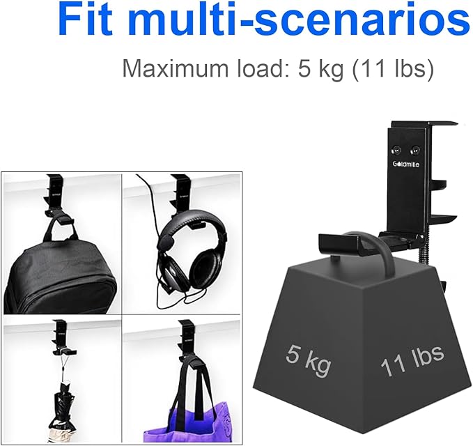 Goldmille Aluminum Headphone Stand Hanger Foldable with Cable Clip Headset Holder Clamp Hook Under Desk, Save Your Space While Working & Gaming
