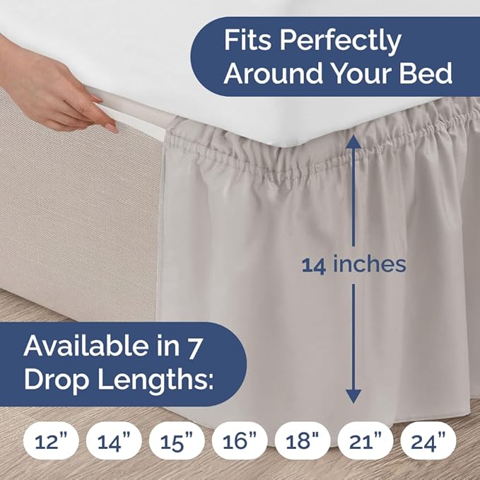 Wrap Around Dust Ruffle Bed Skirt - Light Grey - for Twin Size Beds w/ 14 Inch Drop - Easy Fit Elastic Strap - Adjustable Pleated Bedskirt with Brushed Fabric, Wrinkle Free Women, Men, Kids and Teens