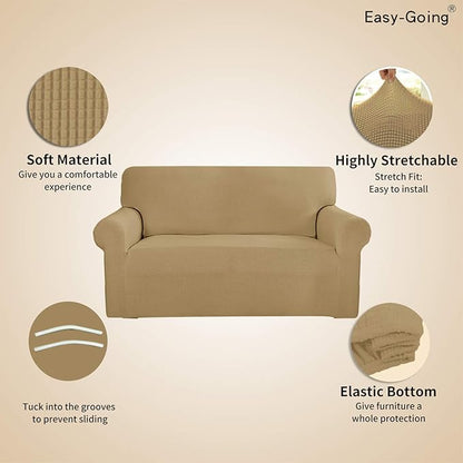 Easy-Going Stretch Loveseat Slipcover 1-Piece Sofa Cover Furniture Protector Couch Soft with Elastic Bottom for Kids Polyester Spandex Jacquard Fabric Small Checks (Loveseat, Golden)