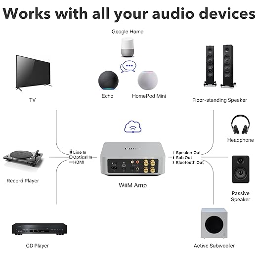 WiiM Amp: Multiroom Streaming Amplifier | Compatible with AirPlay, Google Cast, Alexa | HDMI, Voice Control | Stream from Spotify, Amazon Music, Tidal & More | Silver