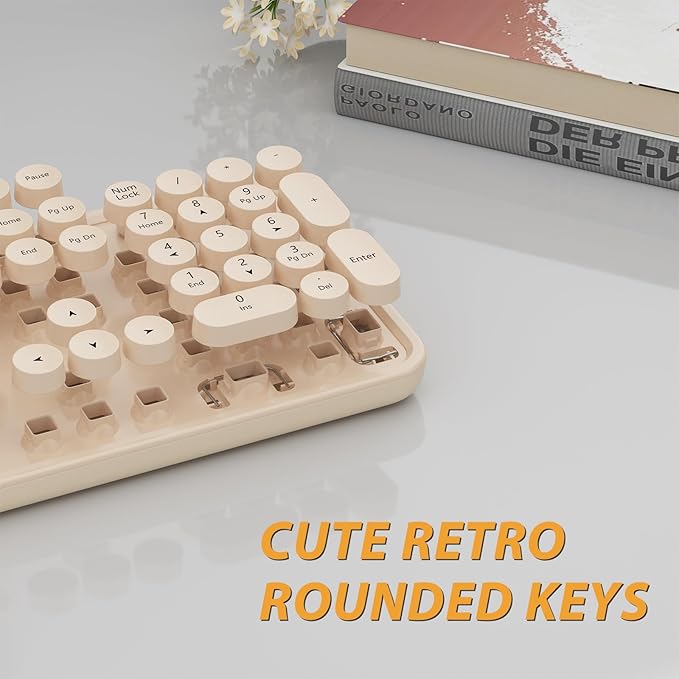 Wireless Keyboard,KOOTOP Cute Colorful 104 Keys Typewriter Retro Round Keycaps Keyboard for PC Laptop,Desktop,Windows, Home and Office Keyboards, s500 coffee