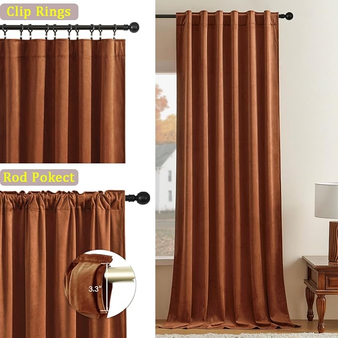 Timeper Burnt Orange Velvet Curtains 96 inches 2 Panels, Light Blocking Curtains - Image 2