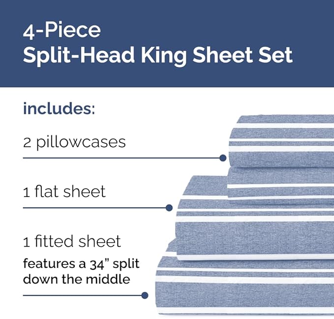 Split Head King Sheet Set – 4 Piece Flex Split Top King Sheets for Adjustable Beds - Fits 14” to 16" Mattress w/ Deep Pockets - Breathable & Cooling - Luxury Bedding and Wrinkle Free - Blue Stripes 2