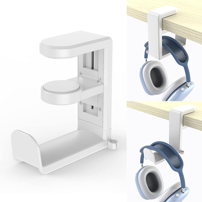 EURPMASK PC Gaming Headset Stand - Adjustable Clamp-on Headphone Holder, 360 Degree Swivel & Cable Clip Organizer - White