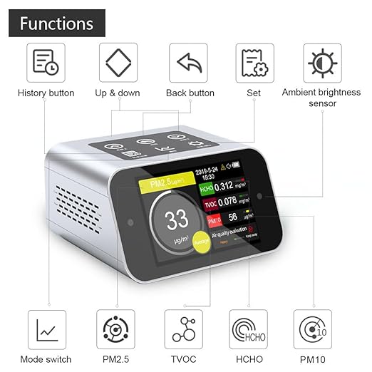 BRWISSEN A16 Air Quality Monitor Indoor PM1.0 PM2.5 PM10 Dust Meter TVOC HCHO Pollution Tester 6 Sizes Particle Counter AQI Formaldehyde VOC Detector Home with Data Logger