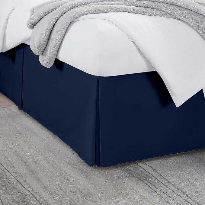 King Bed Skirt, Luxury 16 Inch Drop Navy Blue Pleated Bed Skirt, Double Brushed Microfiber, Box Pleat Design, Wrinkle & Fade Resistant, Easy Fit Tailored Bedskirt for King Size Beds
