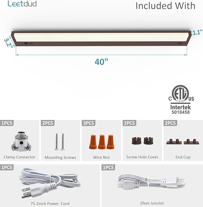Leetdud Under Cabinet Lighting Plug in or Hardwired Built-in Dimmer, 40 Inch 20W, 5CCT 2700/3000/3500/4000/5000K, Linkable Counter Lights for Kitchen, ETL Dimmable LED Light Fixture, Bronze