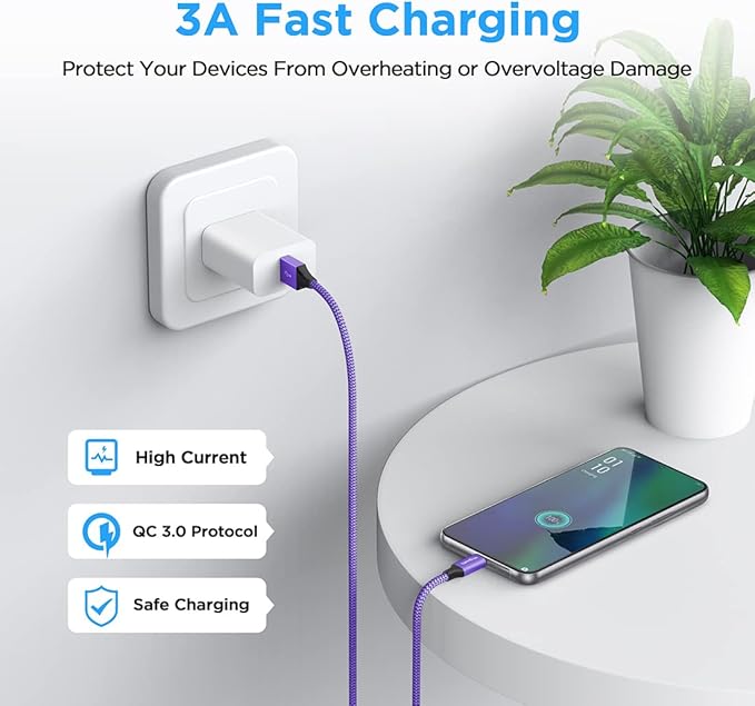 etguuds USB A to USB C Cable 4ft, 2-Pack, 3A Fast Charging Type C Charger Cord for iPhone 17 16 15 Pro Max 16e 17 Air, Samsung Galaxy S25 S24 S23 S22 S21 S20 A17 A16 A56 A55 Flip Fold, Purple
