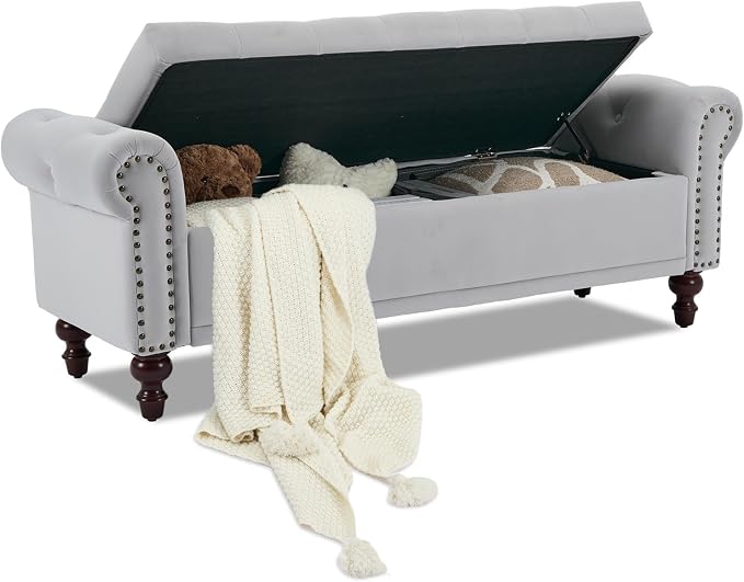 SOFTHION 58.1" Storage Bench for Bedroom, Velvet Upholstered, Light Grey | End by SofthionDesign