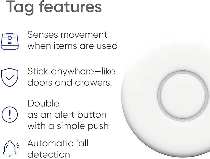 Emergency Alert & Movement Sensor Tags – Elderly Monitoring with Emergency Panic Button, Wearable Fall Detection for Seniors, Water-Resistant - Works with Nomo Care Kit -10-Year Battery Life - 4 Tags