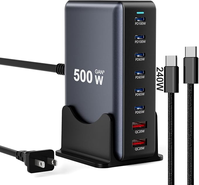500W Fast Charging 8 Port USB C Charger Block with Nylon Fast Charging Cable, Multi-Device Charging Station Wall Desktop Charger with GaN Ⅲ Technology, USB-C Charger Adapter for MacBook/iPad/iPhone 16