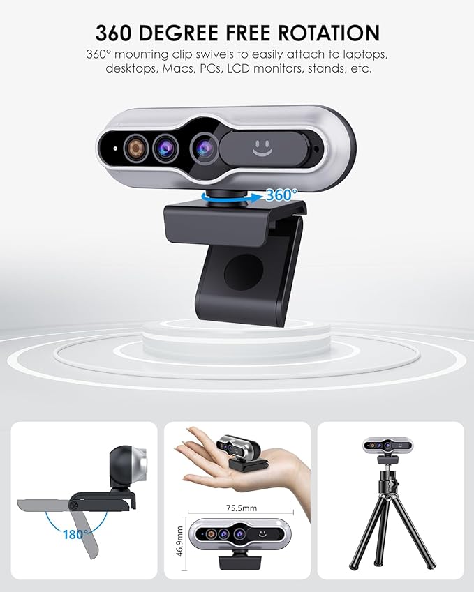 2K HD Webcam with Infrared Windows Hello Facial Recognition, Computer Camera, Privacy Cover, Noise Canceling Microphones, Laptop Webcam For Video Conferencing, Live, Streaming, Online Learning