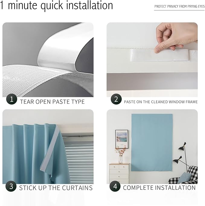 Thermal Blackout Curtains with Self-Adhesive Tape, No Rod No Drill Easy Install - Image 3