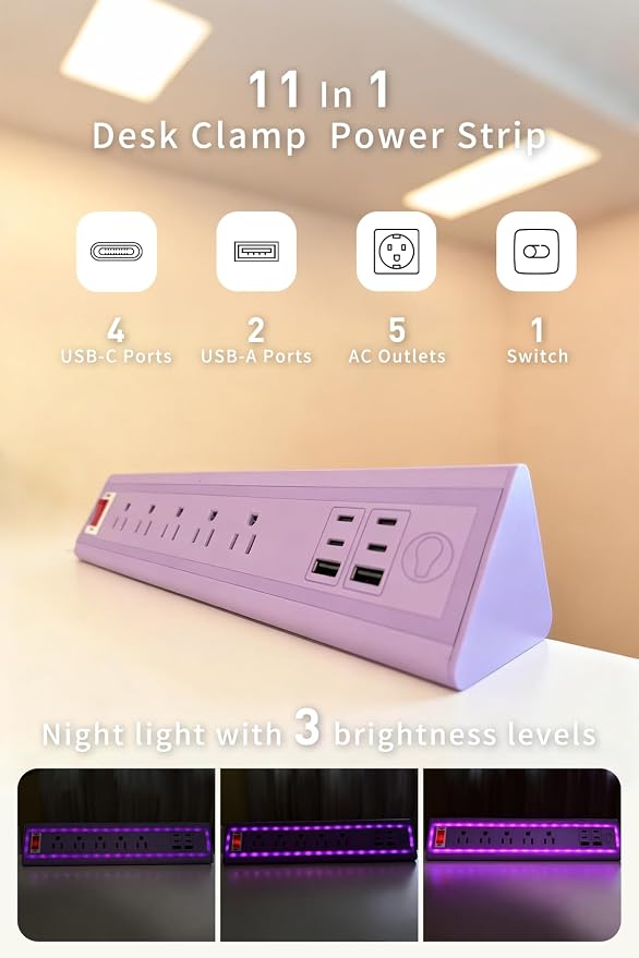 Desk Clamp Power Strip with Nightlight, 40W Fast Charging, 10FT Extension Cord - Image 2