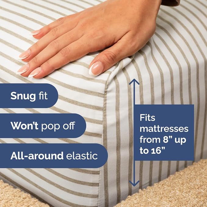 Full XL Bed Sheet Set - 4 Piece Extra Long Extended Full XL Sheets - Soft, Breathable & Cooling - Fits 8" to 16" Mattress with Deep Pockets - 54" x 80" - Wrinkle and Fade Resistant - Beige Stripes 2