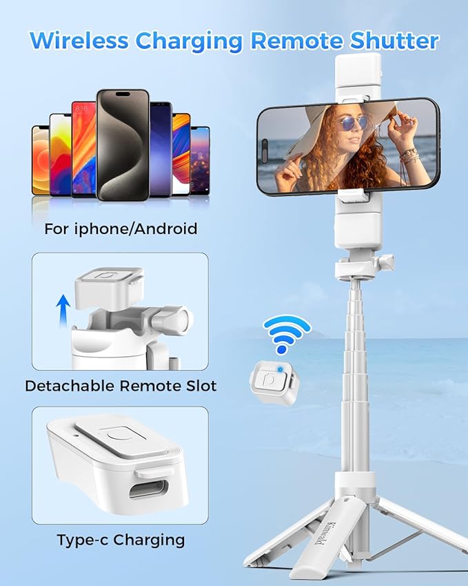 Kinwald 3-in-1 Phone Tripod with LED Lights & Remote, Extendable Selfie Stick Tripod Stand, Compact Portable with Bluetooth Remote for iPhone/Android Vlogging & Photography (White)