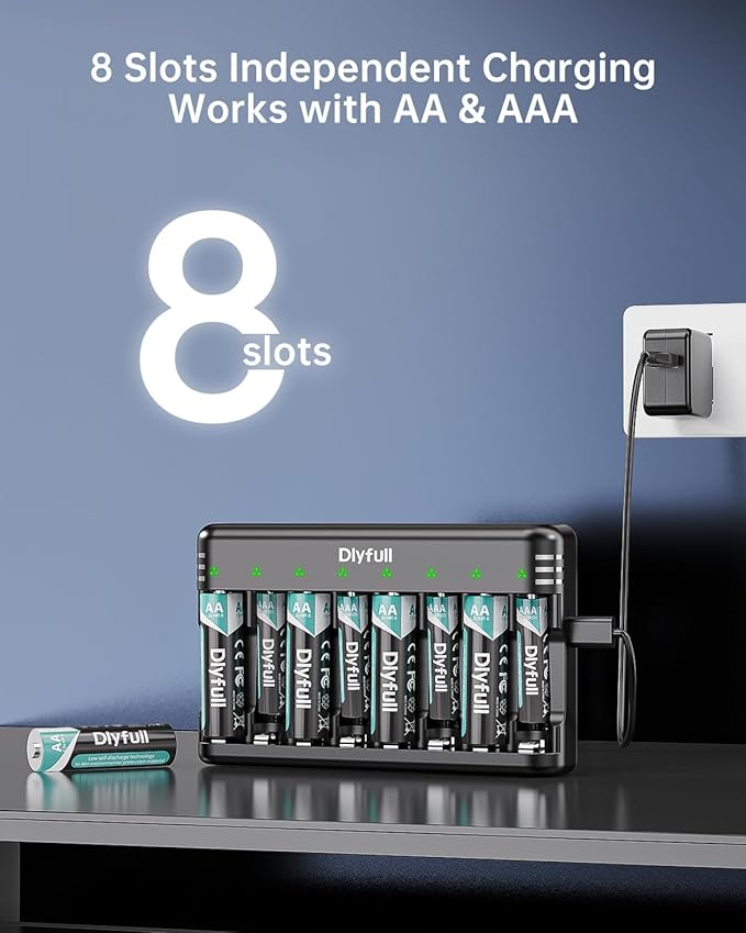 Rechargeable AA Batteries with Charger, Dlyfull 8 Pack of 2800mAh High Capacity Low Self Discharge Ni-MH Double A Batteries with 8 Bay AA AAA Battery Charger (USB-C Fast Charging, Independent Slot)