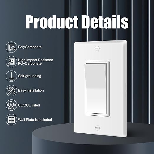 ThunderWay 3 Way Decorator Light Switch with Wall Plates, 15A 120/277V Decora Three Way Electrical Wall Paddle Rocker Switches Replacement, Residential Grade, UL Listed, Glossy White(20 Pack)