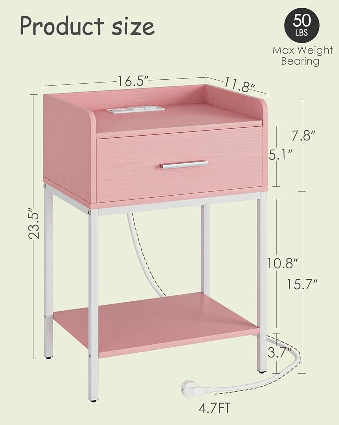 Nightstand with Charging Station, 3-Tier Modern Bedside Table Night Stand with - Image 2