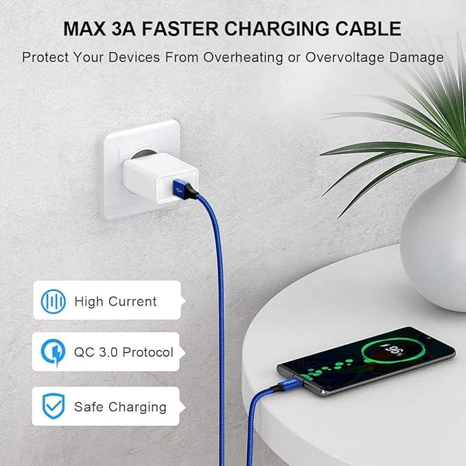 etguuds USB A to USB C Cable 6.6ft, 2-Pack, 3A Fast Charging Type C Charger Cord for iPhone 17 16 15 Pro Max 16e 17 Air, Samsung Galaxy S25 S24 S23 S22 S21 S20 A17 A16 A56 A55 Flip Fold, Blue