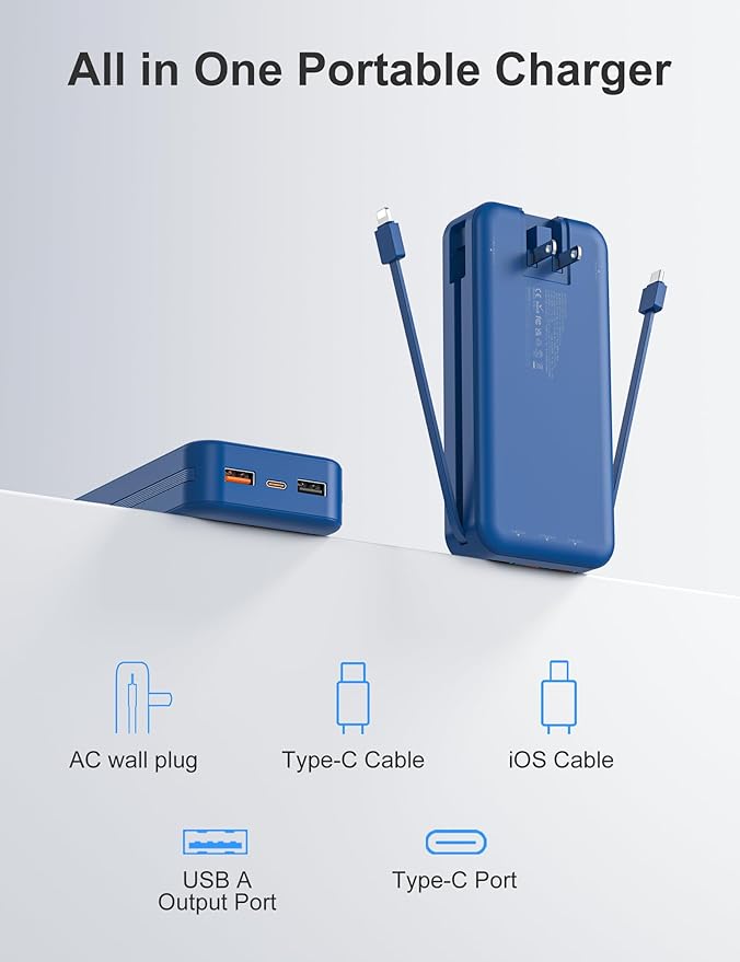 aonidi 20000mAh Ultra-Portable-Charger-Power-Bank PD20W with Built in Cables&AC Wall Plug,Fast Charging Cell Phone Charger Battery Pack,LED Display Travel Battery Bank for All iPhone,Samsung,Android
