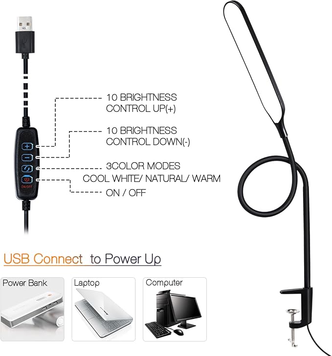 8W LED Desk Lamp with Long Gooseneck and USB Cable, 800LM | Metal Dimmable Clip - Image 8