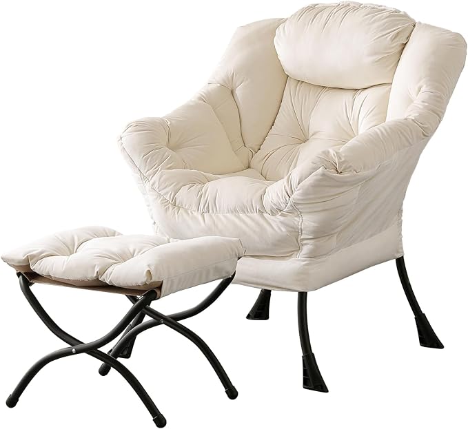 Lazy Chair with Ottoman, Comfy Accent Reading Chair, Velvet Beige | Foldable by LITA