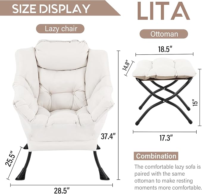 Lazy Chair with Ottoman, Comfy Accent Reading Chair, Removable Cover, with - Image 3