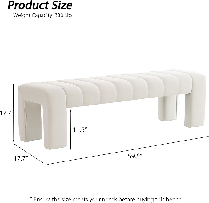 59" Velvet Bench for Bedroom King Size Bed Window End of Bed, Ivory White | - Image 2