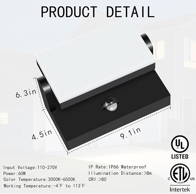 WISELUME 60W LED Outdoor Wall Light – 360° Rotatable, Motion Sensor & Color Temp Adjustable (3000K/4000K/6500K) Commercial Security Wall Mount for Barn, Proch,Garage & Yard