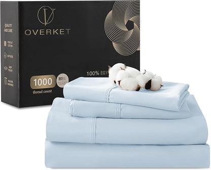 100% Egyptian Cotton Sheets Cal King Sheet Set 1000 Thread Count Sateen Weave Soft Breathable 16-Inch Deep Pocket 4PCS（California King,Light Blue）