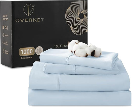 100% Egyptian Cotton Sheets King Size 1000 Thread Count Sateen Weave Soft Breathable 16-Inch Deep Pocket 4PCS（King,Light Blue）