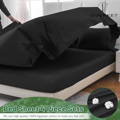 100% Egyptian Cotton Sheets Cal King Sheet Set 1000 Thread Count Sateen Weave Soft Breathable 16-Inch Deep Pocket 4PCS（California King,Black）