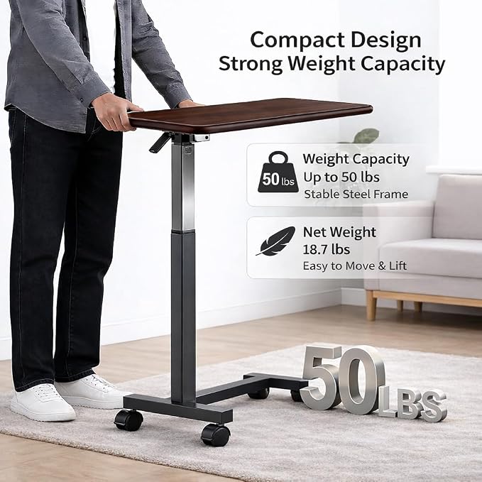 Adjustable Overbed Table with Wheels, Pneumatic Height Lift Rolling Bedside - Image 3