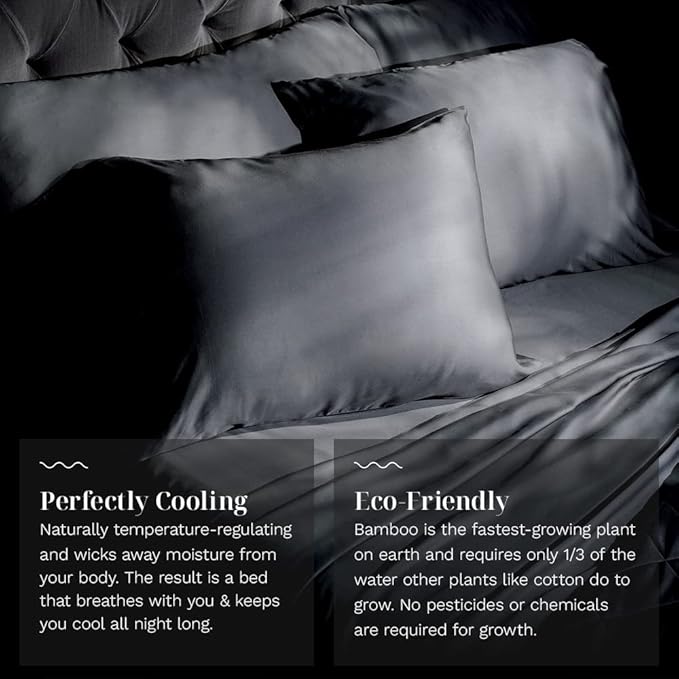 LUXOME Luxury Sheet Set | 100% Rayon (Viscose) from Bamboo | Queen Size - Charcoal | Deep Pockets | 4-Piece Set (Fitted, Flat, 2 Pillowcases)