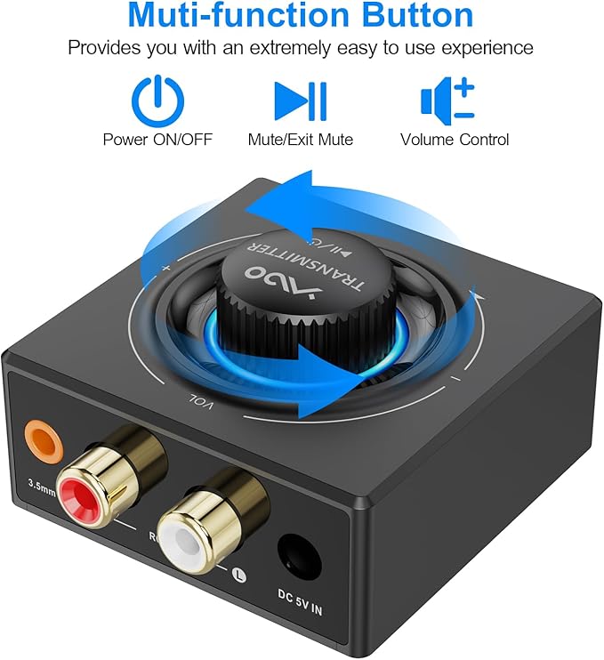 YMOO 2.4GHz Wireless Audio Transmitter and Receiver for TV, 25ms Low Latency, 200Ft Long Range, Wireless Audio Adapter Kit with AUX RCA in/Out for Stereo/Soundbar/Speaker/Amplifier/PC
