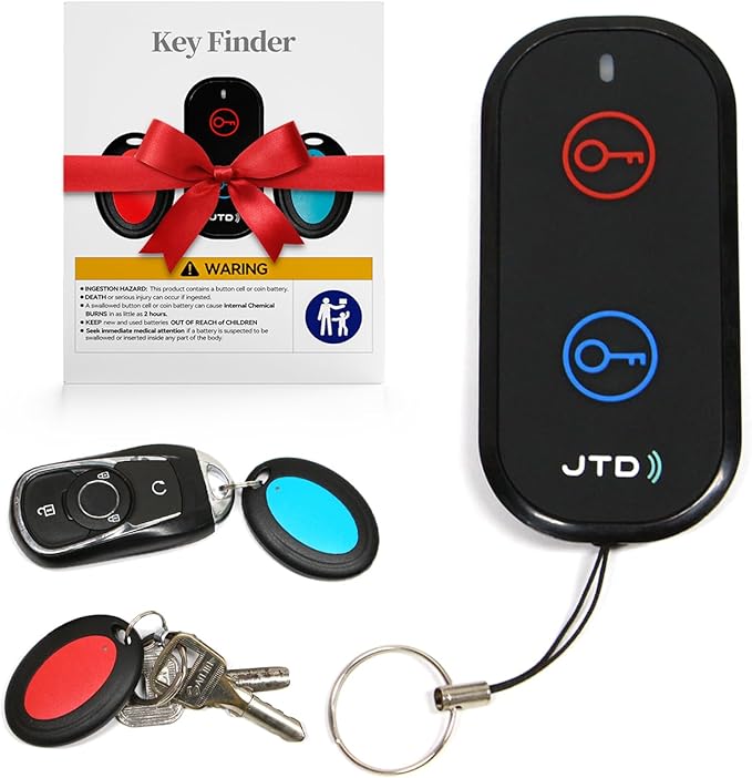 JTD Key Finder Locator with Sound, Remote Finder - 2 Receivers, 1 Car Tracker Keychain,85dB Loud, 131ft Range Tracker for Keys, Wallet, Pet,TV Remote Control - No App Needed Item Finder for Home
