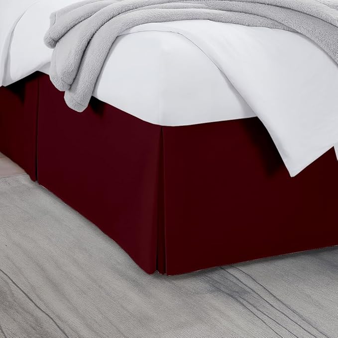 King Bed Skirt, Luxury 21 Inch Drop Burgundy Pleated Bed Skirt, Double Brushed Microfiber, Box Pleat Design, Wrinkle & Fade Resistant, Easy Fit Tailored Bedskirt for King Size Beds