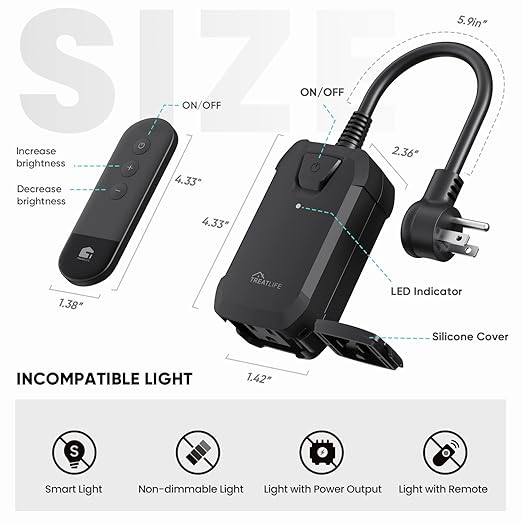 TREATLIFE Dimmer Plug with 100FT Wireless Remote Control, IP44 Weather Resistance, Outdoor Dimmer for String Lights, Lamps, Patio Lights, Max Power 400W