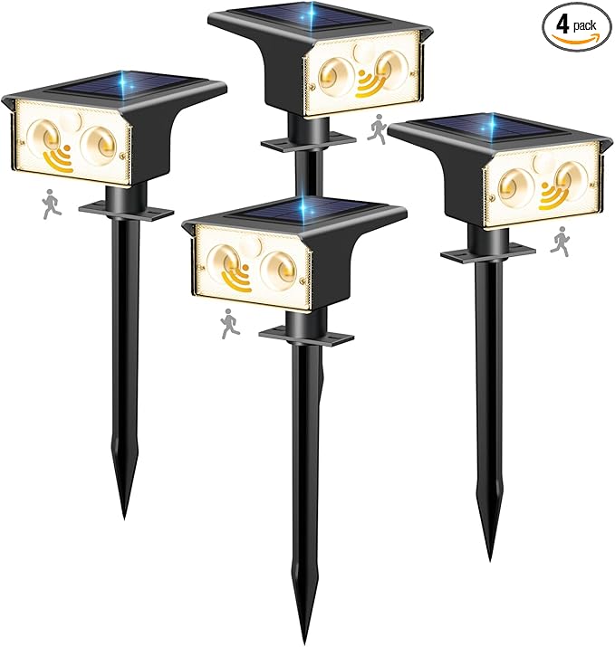 btfarm Solar Spot Lights Outdoor Waterproof, 4 Pack/3 Modes Motion Sensor Lights, Solar Powered Spotlights 2-in-1 Auto On/Off for Outside Pathway Yard Garden Landscape Lighting, Warm White