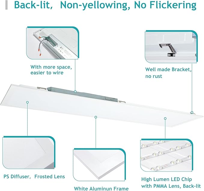 VocgoUU 1x4 LED Flat Panel Light 5000K 4000K 3000K - 1x4 LED Troffer Drop Ceiling Light Fixture, 0-10V Dimmable, 100-277V, ETL Listed, 8 Pack