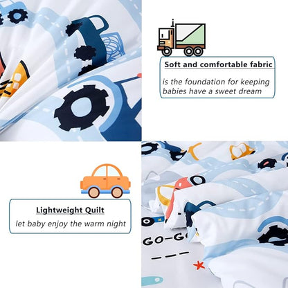 PERFEMET Cars Boys Comforter Set Twin Size 4 Pieces Reversible Truck Kids Bedding Set Soft Microfiber Vehicles Teen Boy Bed in a Bag with Sheets for All Season Use(White, Twin)