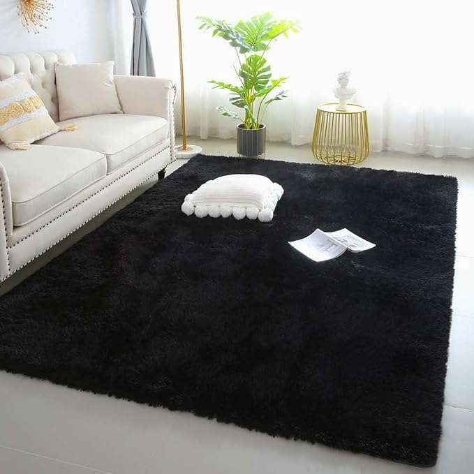 6x9 Black Shag Rug for Bedroom, Soft Plush Fluffy Washable Carpet | Black Area by KICHOWUA