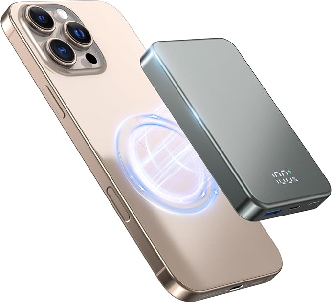 POAQCIF for Magsafe Portable Charger, Aluminum Alloy Small 10000mAh 20W PD Magnetic Power Bank, USB-C in&Out Wireless Battery Pack Phone Charger for iPhone 16/15/14/13/12 Plus Pro Max Series -Gray