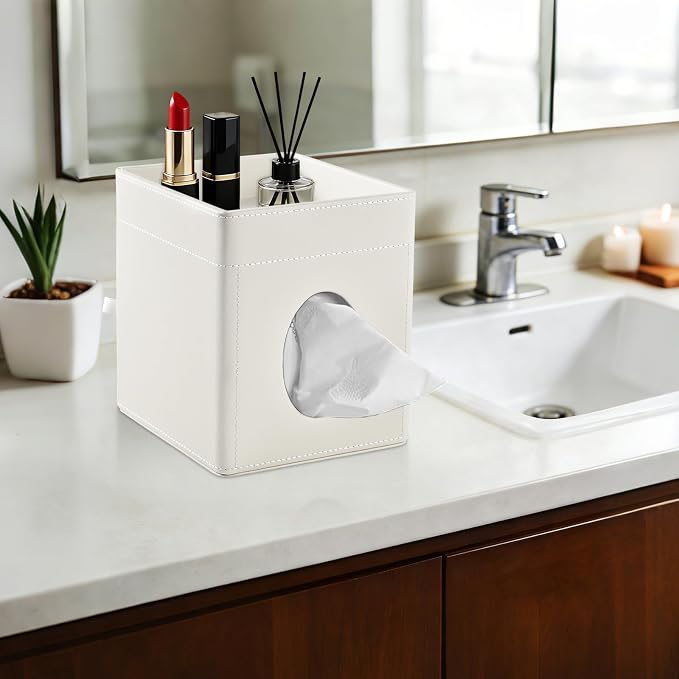 Tissue Box Cover with Storage Tray Square Tissue Box Holder PU Leather Facial - Image 5